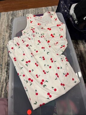 SHEIN White Cherry Print Boot Cut Jumpsuit